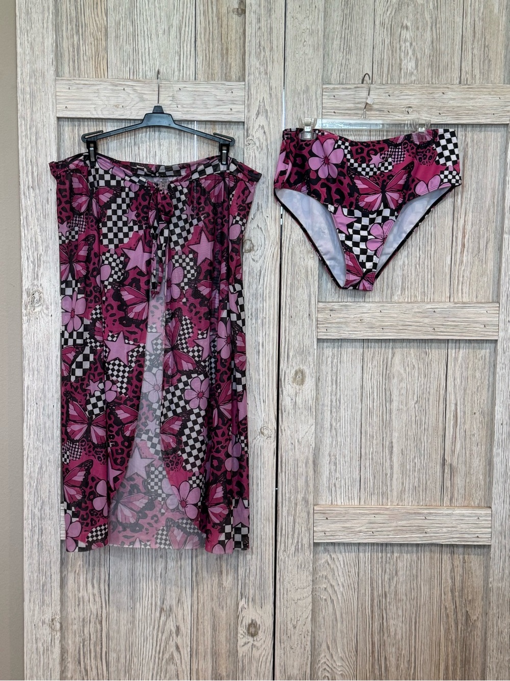 Rebel Raven Pink Floral & Checked  Sheer Sarong Cover-Up w/Bikini Bottoms Sz 2X